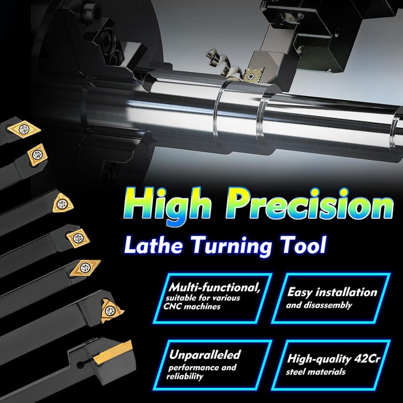 Joogto Indexable Lathe Turning Tool 21Pcs Kit 1/4'' 6mm Shank 7Pcs Metal Lathe Tools Holder Set with 14Pcs Turning Inserts for Turning Grooving Threading Boring Carbide Inserts Carbide Turning Tool - Image 5